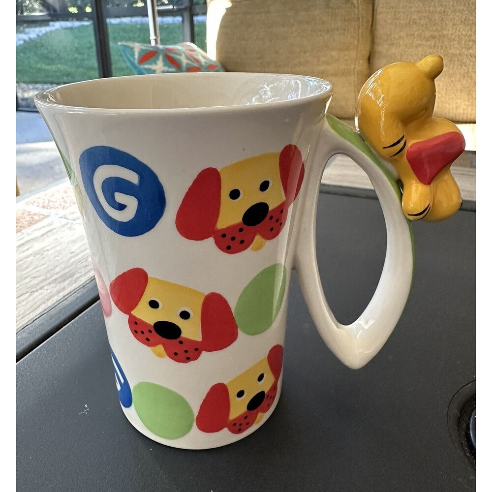 Indra Hand Painted Stoneware Coffee Cup Mug RARE Unique Dog Puppy Colorful 3D